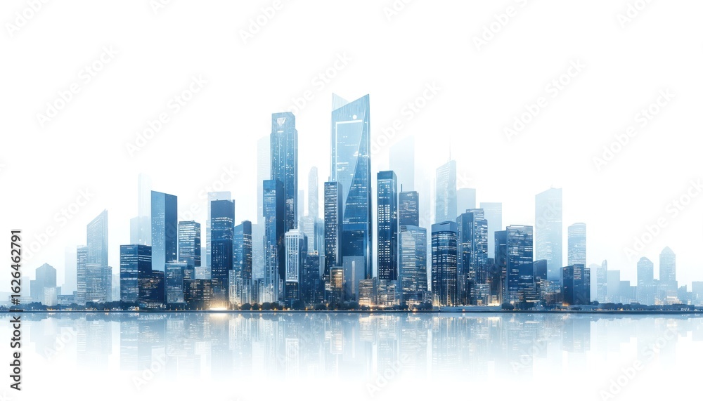Obraz premium City skyline with tall buildings in white and blue colors. Calm water reflects architecture in metropolis with skyscrapers. Buildings rise in different heights creating dynamic motion.
