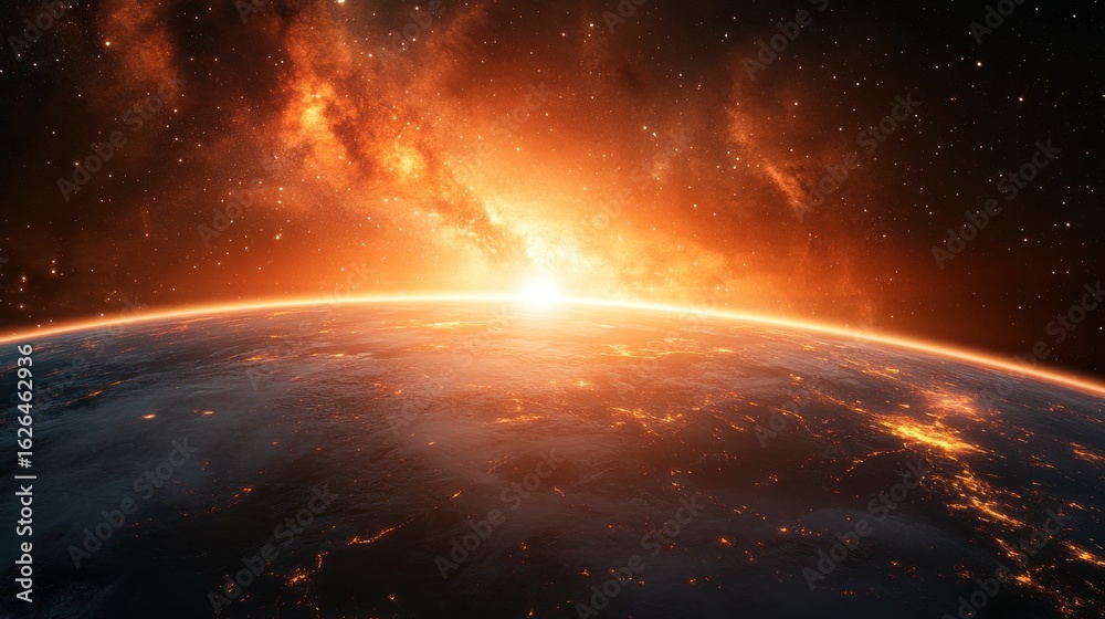 Obraz premium Fiery sunrise over a planet