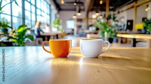 Cups of coffee in the background - working atmosphere in the office.