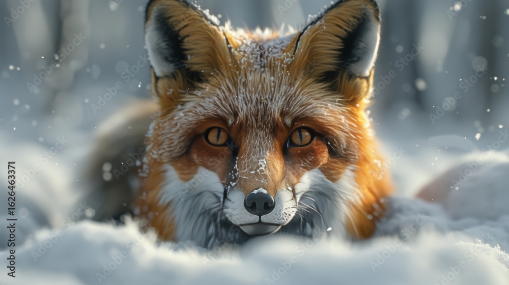 Obraz premium A curious fox peeking through a blanket of snow, its bright eyes and fluffy tail rendered with sharp, lifelike detail against the serene, white landscape