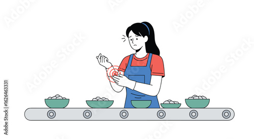 Worker experiencing repetitive strain injury while working on an assembly line with food processing