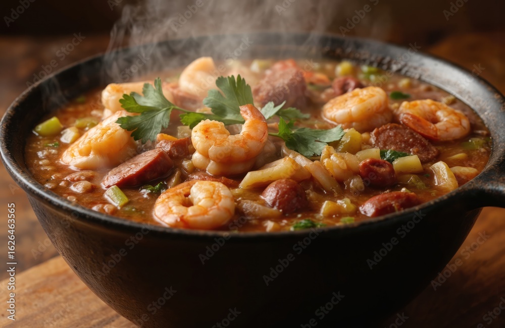 Rustic wooden table holds large bowl of dark brown seafood gumbo. Fresh herbs on top, garnished with light green shavings. Shrimp, sausage and spices create rich, savory flavor. Perfect comfort food. Rustic wooden table holds large bowl of dark brown seafood gumbo. Fresh herbs on top, garnished with light green shavings. Shrimp, sausage and spices create rich, savory flavor. Perfect comfort food.