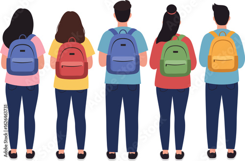 Flat vector illustration of diverse students with backpacks seen from behind