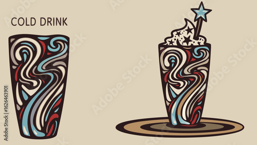 Two stylized cold drinks with abstract swirls and star decoration on a neutral background color