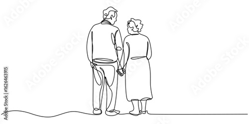 Continuous one line drawing of romantic couple. Old grandfather and grandmother. Parents people with love. Minimalism vector illustration hand drawn, Continuous one line drawing of romantic couple.