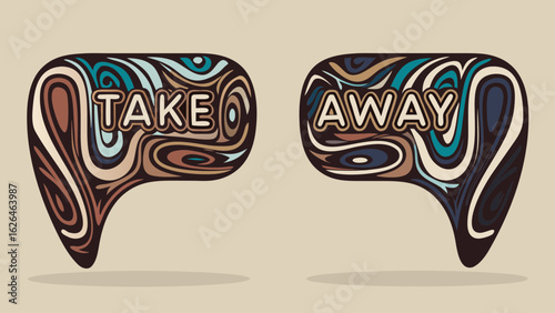 Two abstract shapes with the words take and away inside, on a beige background, with swirling patterns
