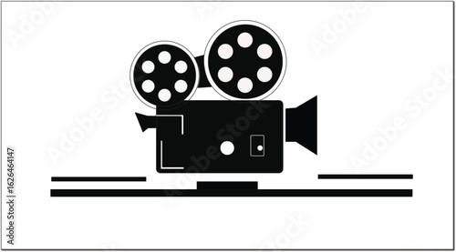 Retro movie camera icon with film reel and 3D illustration design for cinema entertainment