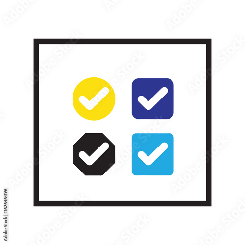 Assortment of Check Mark Icons in Various Shapes and Colors within a Defined Frame Indicating Verification and Selection
