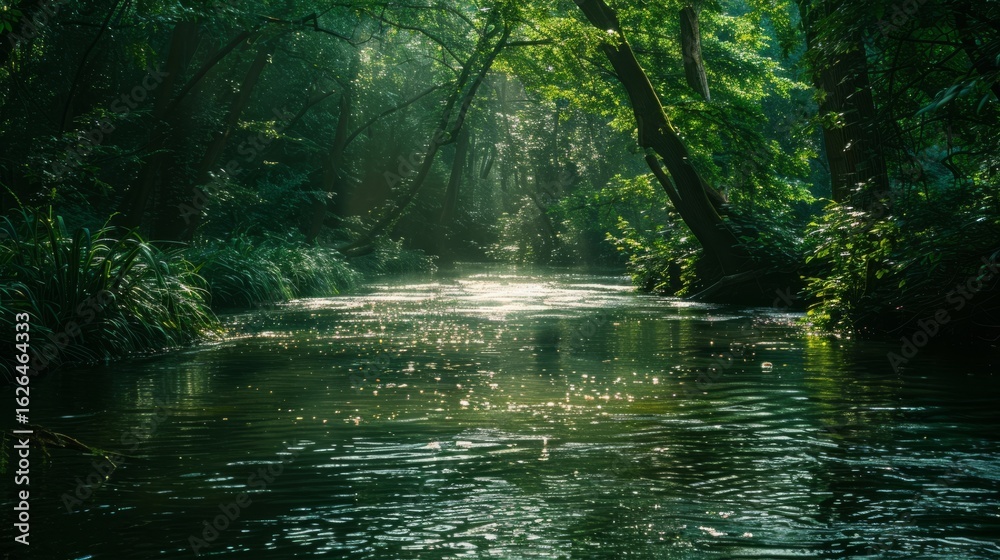 Obraz premium A gentle river meandering through a dense, verdant forest, sunlight streaming through the leaves, casting dappled shadows on the water, a sense of serenity and the gentle flow of life, Photography, sh