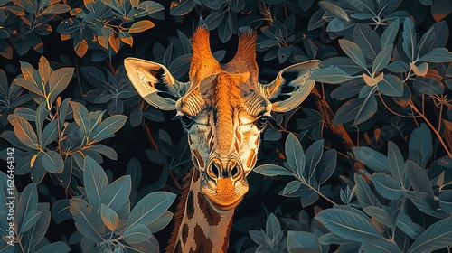 A giraffe reaching high into the trees to feed, its unique pattern and the surrounding foliage captured with precise and vibrant detail.