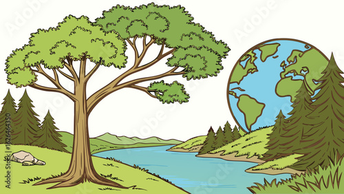 Illustration of a tree by a river with a globe in the background and evergreen trees around it