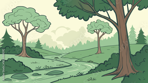Illustration of a serene landscape with trees, a winding river, and distant hills under a cloudy sky