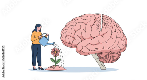 Cultivating cognitive growth watering a budding flower nurturing the human brain understanding mental development