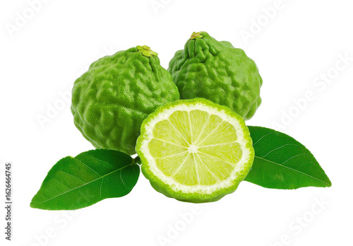fresh bergamot fruits with leaves on transparent background.