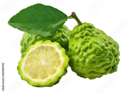 bergamot fruits with leaf on transparent background.