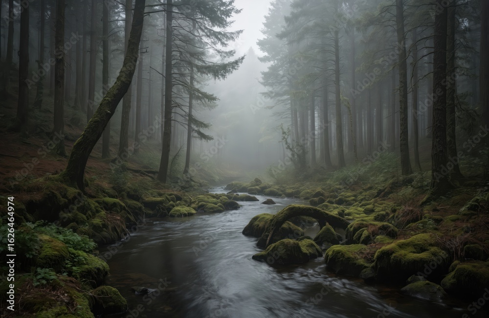 Obraz premium River flows through dense forest with towering trees. Green foliage surrounds river, creating natural canopy with depth and texture. Forest landscape with river, waterfall, trees and rocks.