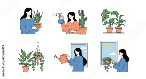 Woman caring for houseplants watering fertilizing and repotting indoors
