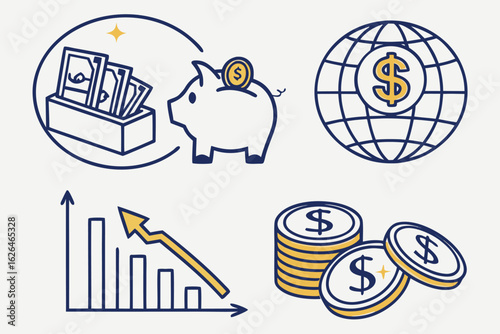 Illustration showing financial growth with piggy bank coins and rising bar graph on a light background