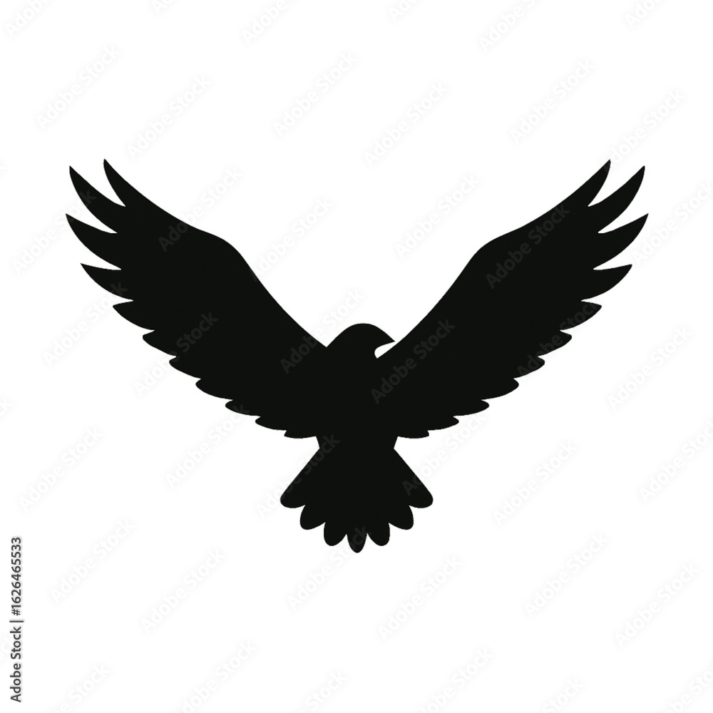 Obraz premium Silhouette of a Flying Eagle with Outstretched Wings Black Bird Icon Symbol of Freedom and Strength on White Background