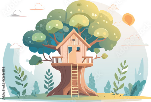 Fantasy Cartoon Forest Scene with Treehouse in Soft, Whimsical Colors