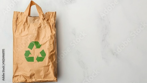 Eco brand digital and promotion concept. Recycled paper bag with green recycling symbol on a light background.