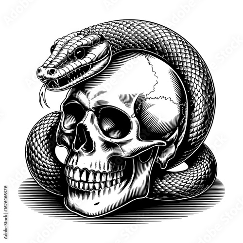 Detailed illustration of a coiled snake wrapped around a human skull in a dark gothic style