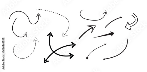 Pfeil Set: Handgezeichnete Pfeile in verschiedenen Stilen, Gepunktet, Gebogen, Schwarz, Richtung, Bewegung, Skizze, Doodle, Vektorillustration (Nr. 230)

