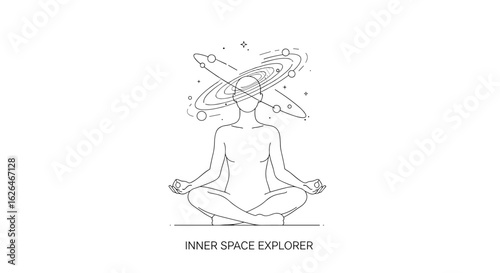 Meditating person surrounded by cosmic elements and stars
