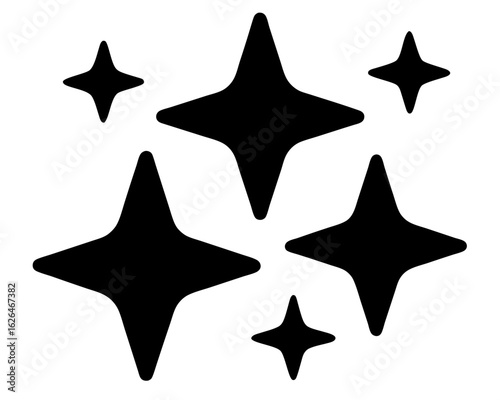 Black and white illustration featuring multiple shining stars on a white background