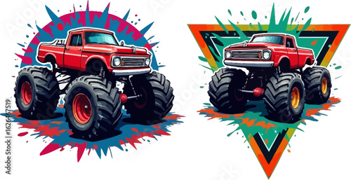 Vector art of pair of red monster trucks isolated on white background