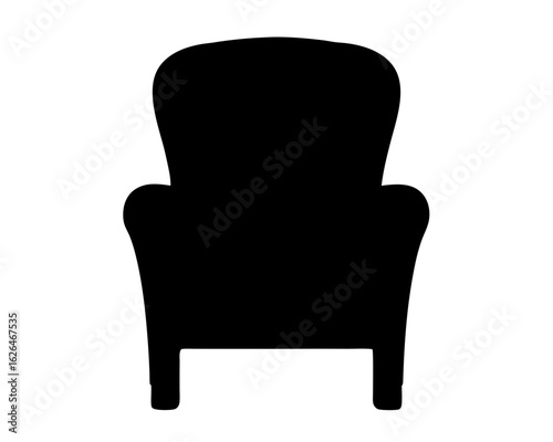 Black and white silhouette of a comfortable upholstered armchair, front view