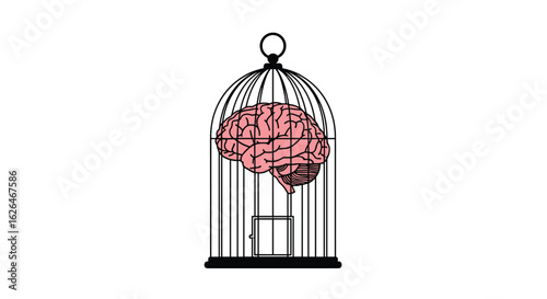 The human brain confined inside a bird cage representing restricted thoughts and ideas