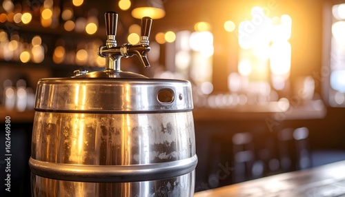 A shiny metal beer keg with a tap sits on a wooden bar counter, ready to pour a refreshing drink in a dimly lit pub or restaurant atmosphere setting now.