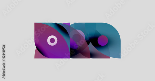 Abstract shapes overlap, creating vibrant color gradients. Purple, teal, white forms suggest fluid movement, modern design.