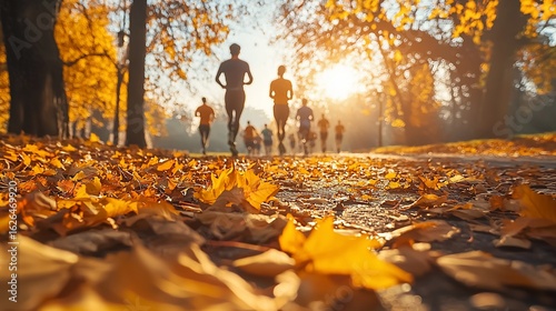 Runners enjoying autumn park run.  Golden leaves carpet a path as runners jog through a beautiful autumn morning