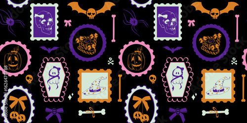 Seamless pattern with cute Halloween stamps featuring skulls, ghosts, pumpkin, bows, bats, and witch hat. Hand drawn retro coquette style, aesthetic background for holiday designs, print, fabric.