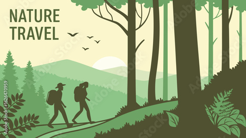 Illustration of hikers in a forest with trees mountains birds and a sun in a nature travel themed scene