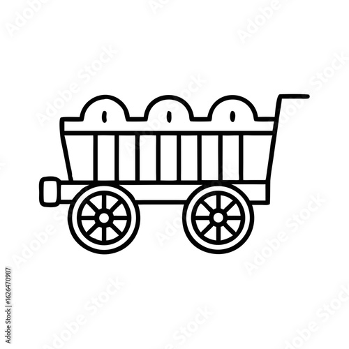 Simple line drawing of a hayride wagon with wheels and handle  