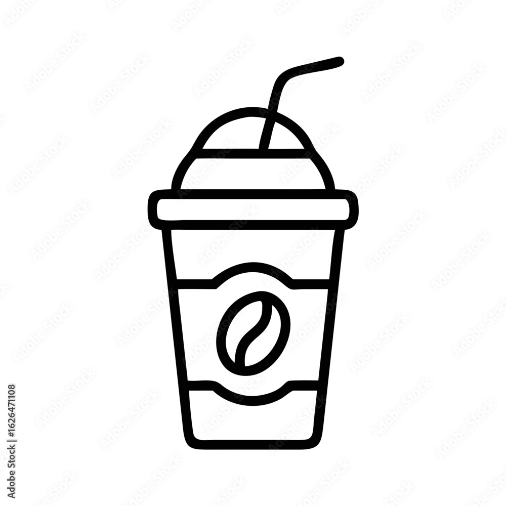 Iced latte in plastic cup with straw and coffee bean logo Iced latte in plastic cup with straw and coffee bean logo