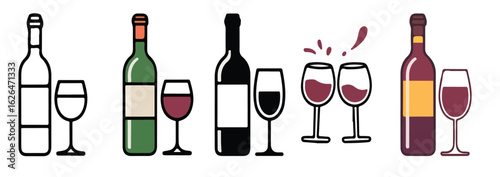 Graphic illustration of wine bottles and glasses in various styles and color schemes displayed