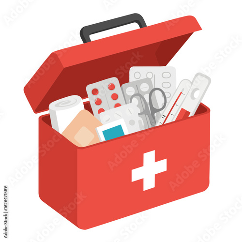 Open first aid kit with bandages, pills and thermometer inside