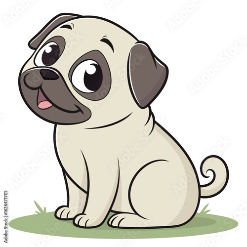 A cute cartoon fawn pug puppy sits happily on a small grassy area