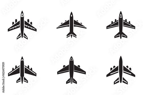 Airplanes in silhouette showing different designs ideal for air travel and design projects showing aircrafts in vector form