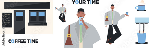 Coffee brand concept illustration. Flat design of woman with coffee, coffee cafe, cup, coffee machine. Cozy everyday life concept for social media, editorial and digital use.