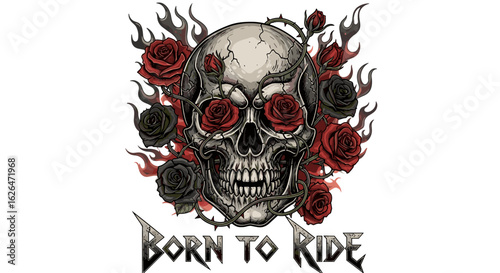 Skull Roses Flames Born to Ride Biker Graphic Design