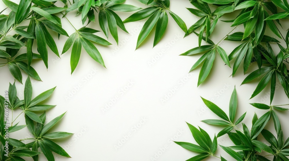 Naklejka premium Fresh green leaves frame a white background