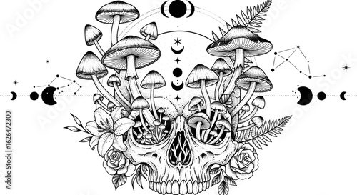 Enchanting Skull Mushroom Celestial Phases Flora Tattoo Design