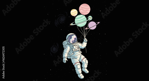 Astronaut Floating With Planet Balloons In Outer Space