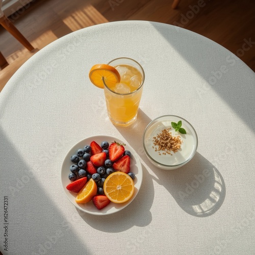 Sunny Morning Breakfast: Fruit, Yogurt, and Juice