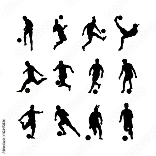 Soccer Player Silhouette Collection Dynamic Kicks and Moves, Football Athlete Silhouette Set in Action Poses